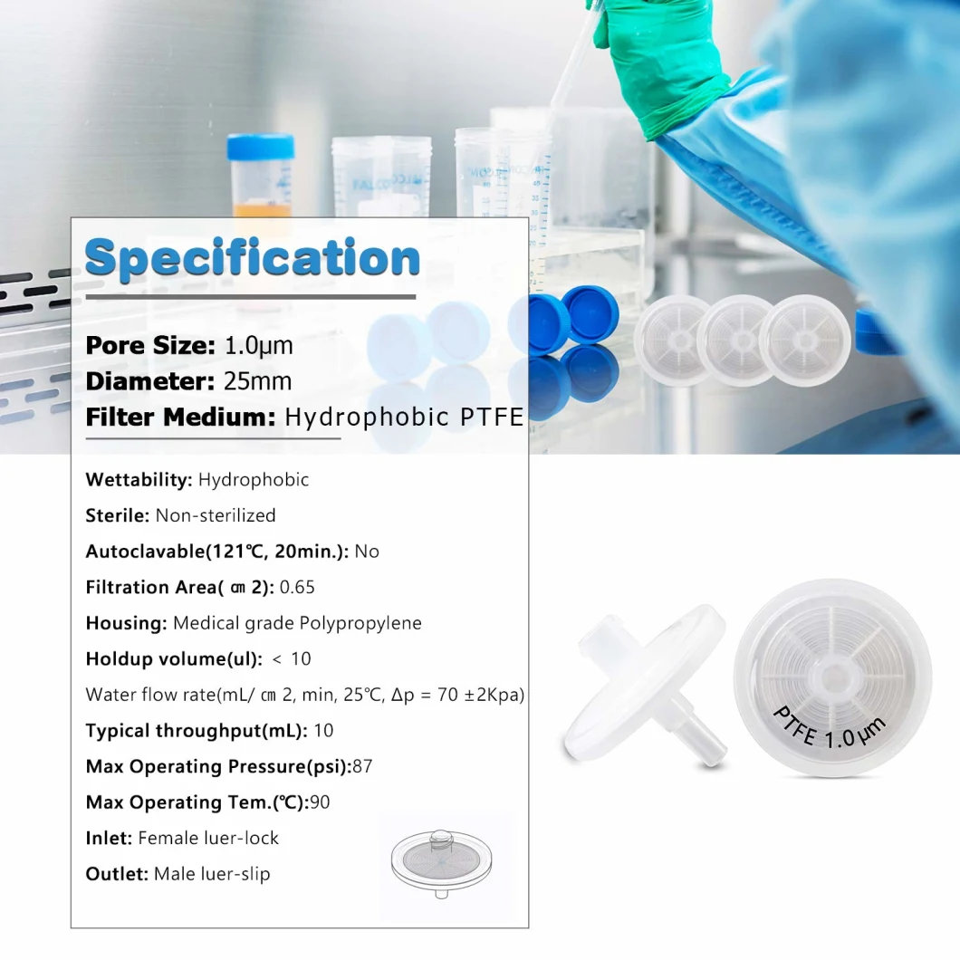 Lab Hydrophobic Syringe Membrane Filter 0.22um 0.45um 13mm 25mm 33mm Nylon PTFE PVDF RC GF Syringe Filter